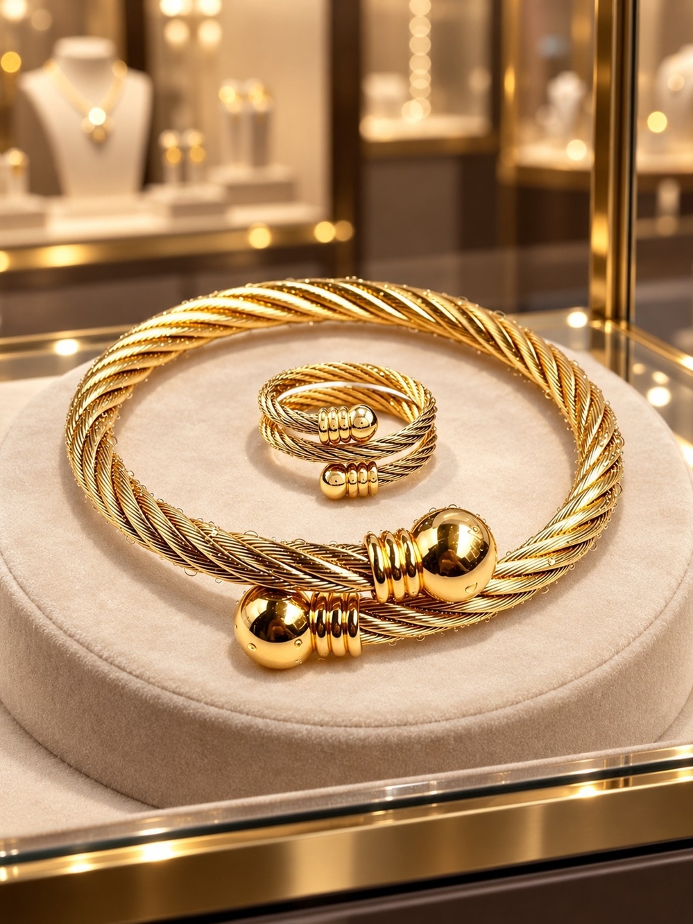 Gold Twisted Cable Cuff Bracelet and Ring Set - Picture 2 of 4